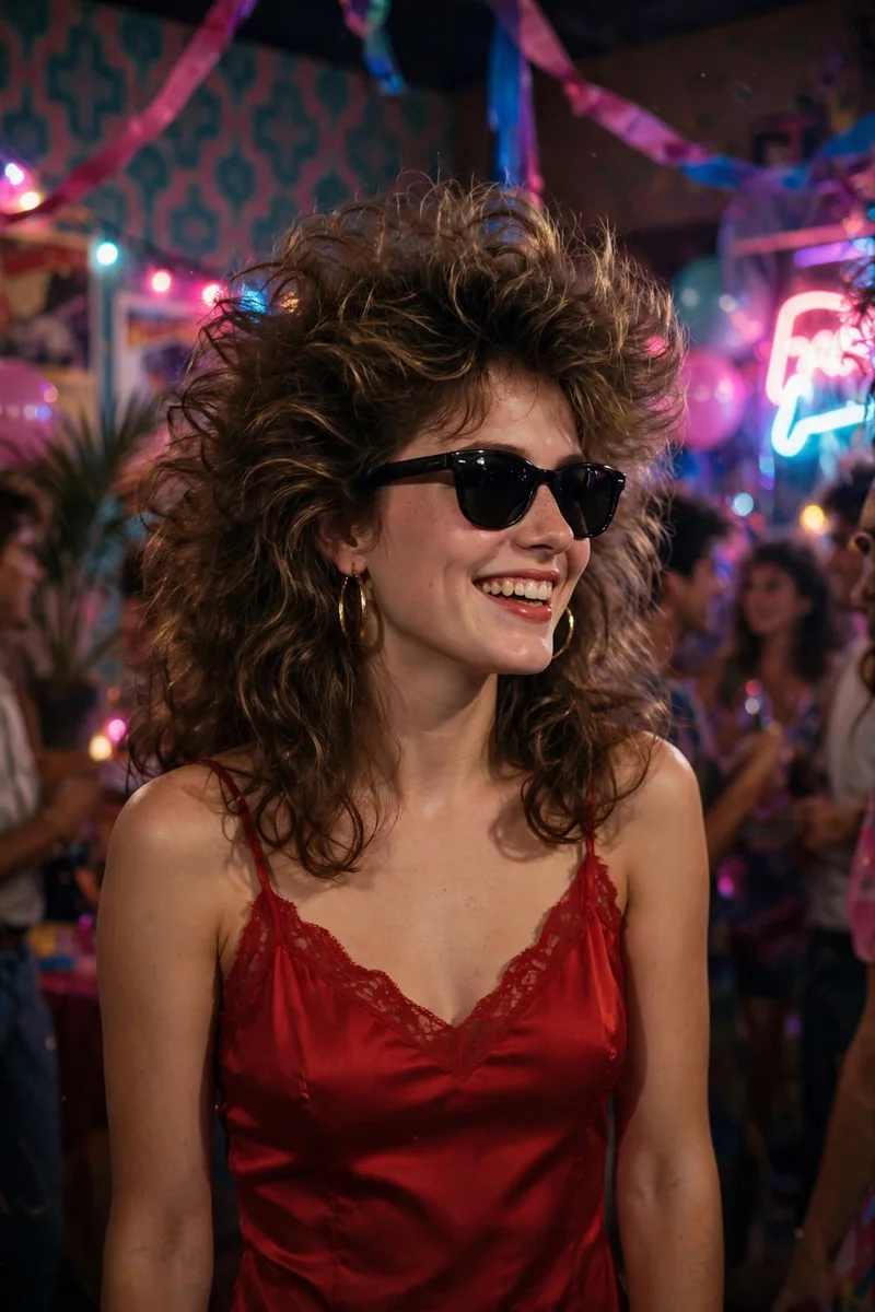 Girl in a red 80s-style dress with sunglasses at a party