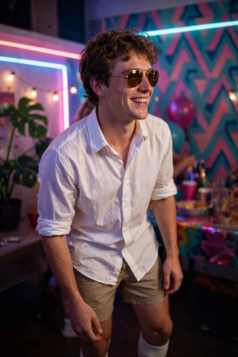 Guy in a white shirt with rolled sleeves, khaki shorts and aviator sunglasses