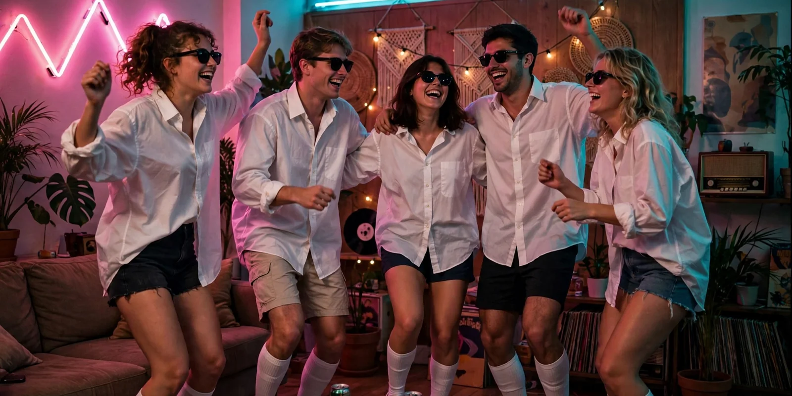 College students in white dress shirts, tube socks and sunglasses dancing at an 80s-themed house party
