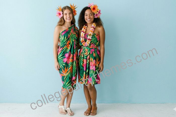 College girl wearing tropical print sarong wrapped as one shoulder dress flower lei luau party