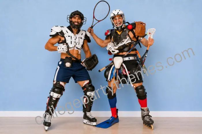 College guys wearing layered sports equipment football pads hockey shin guards baseball mask anything but clothes ABC party
