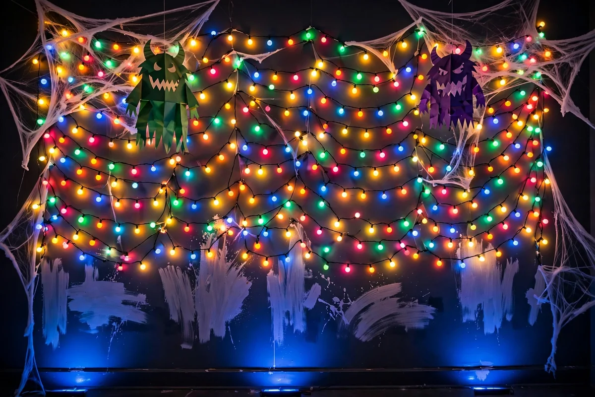 Stranger Things party decor with a glowing Christmas-light alphabet wall and a blue-lit Upside Down corner