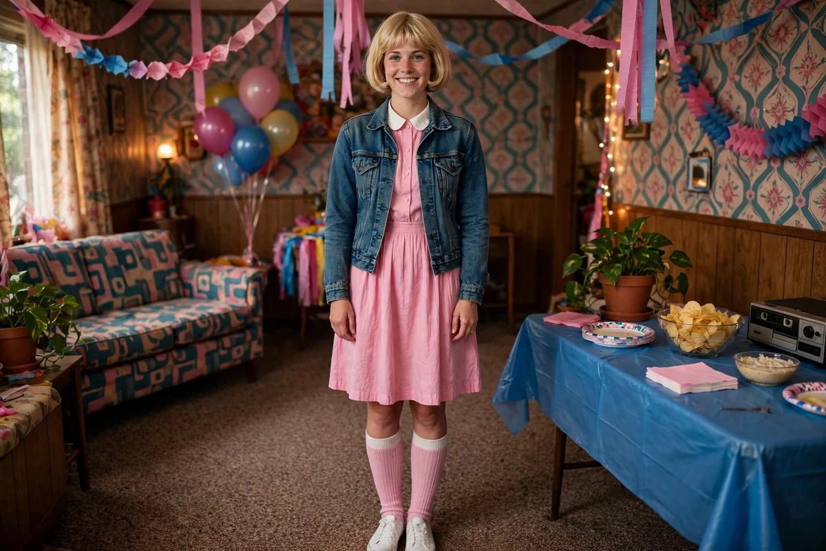 Blonde bob wig with pink 80s dress and blue windbreaker jacket, Eleven-inspired outfit