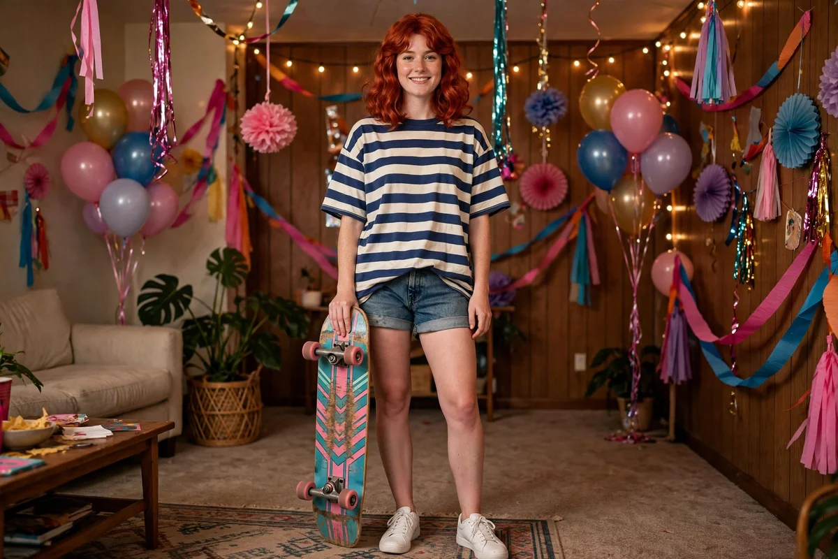 Red striped tee with ripped mom jeans and retro headphones, Max-inspired outfit