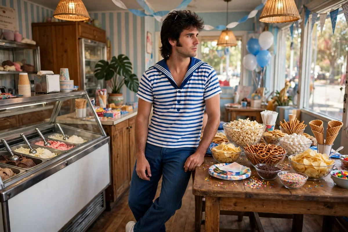 Blue and white striped sailor shirt with white sailor cap, Steve-inspired outfit