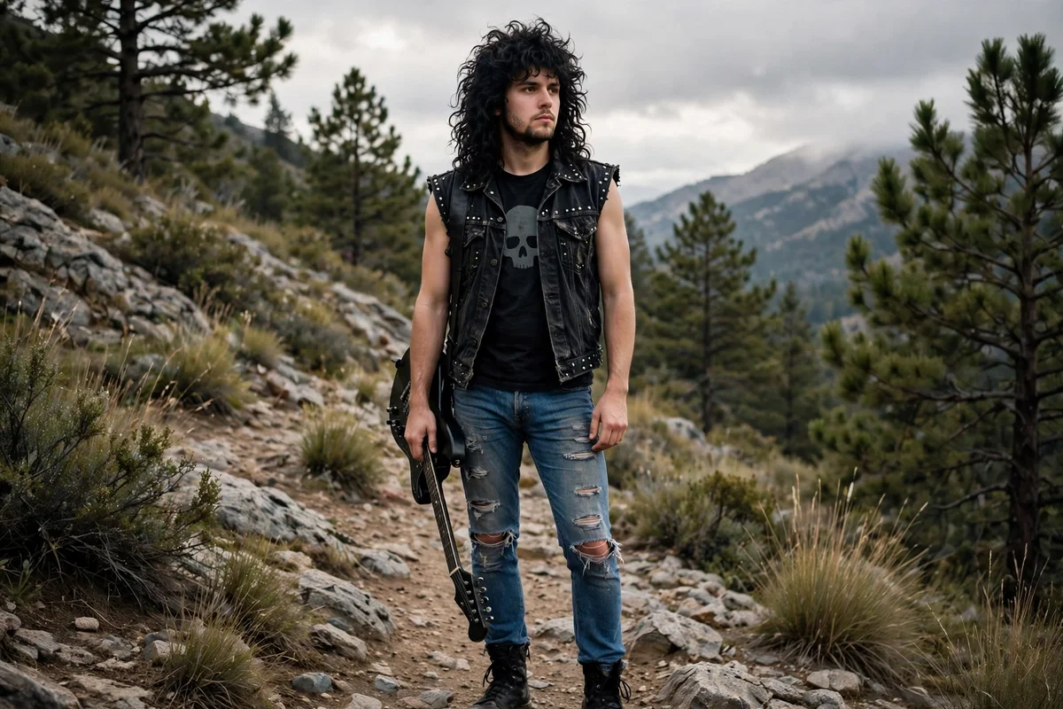 Denim battle jacket with patches and long curly black wig, Eddie-inspired outfit
