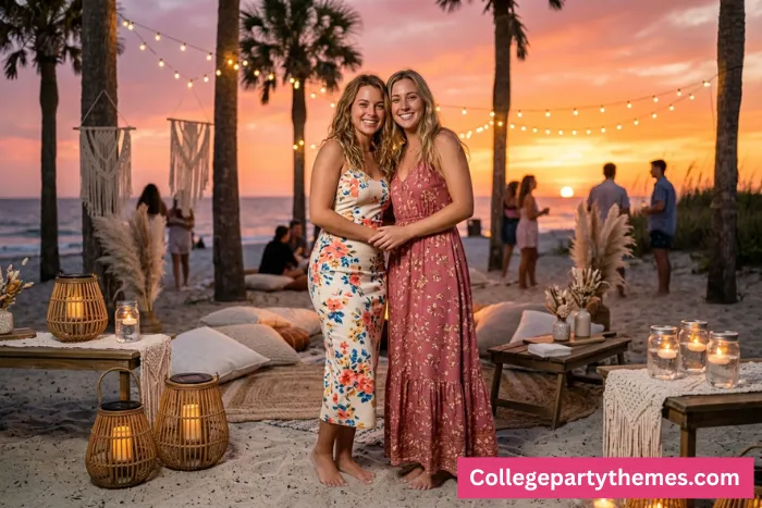 Sunset beach night party theme two college girls floral dresses golden hour sunset string lights lanterns floating candles