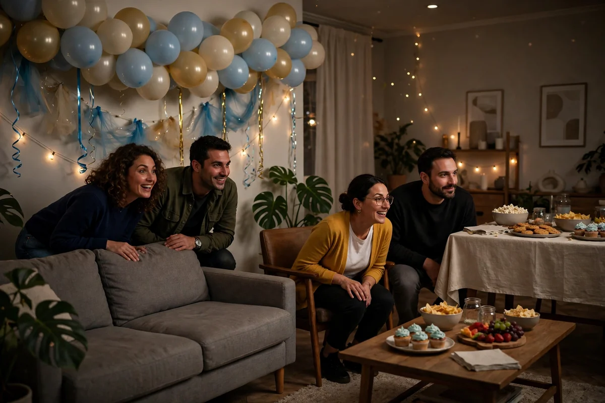A living room decorated for a surprise party with balloons, a personalised banner and warm string lights, ready for the reveal.