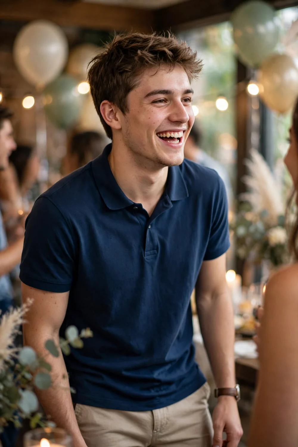 A man in a navy polo shirt and light khaki trousers, dressed in a party-ready classic outfit.