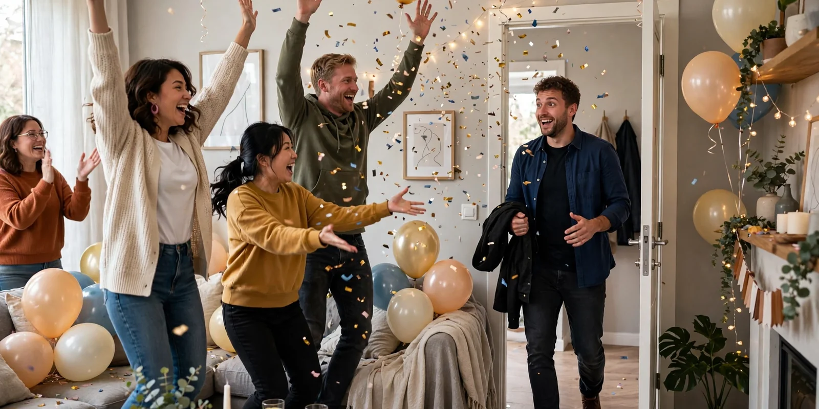 Friends shouting surprise as a smiling guest of honour walks into a balloon-decorated living room party.