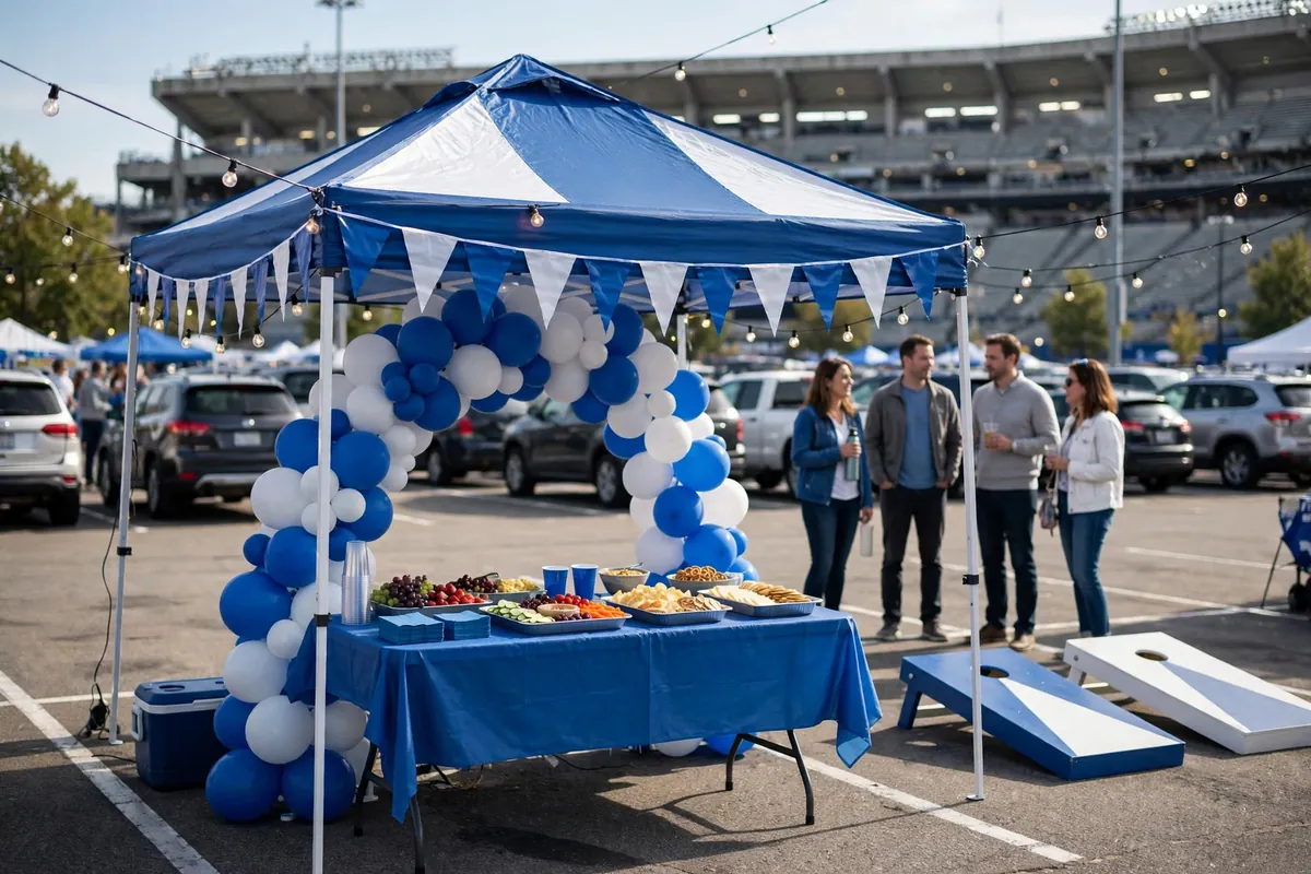 Tailgate tent decorated in blue and white team colors with balloon arch, pennant bunting, and food table in a stadium parking lot