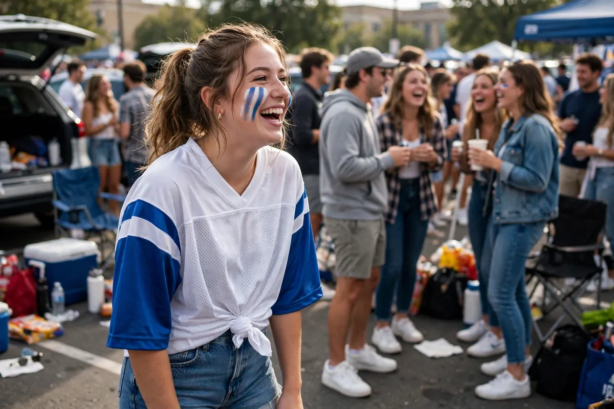 College girl in an oversized tied football jersey, denim shorts, and white sneakers with face paint