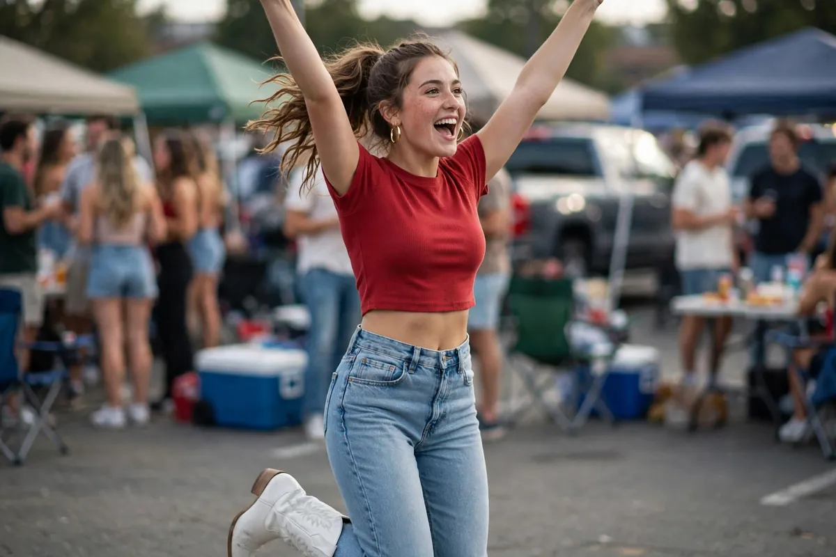 College girl in a team-color crop top, jeans, gold hoops, and white cowboy boots