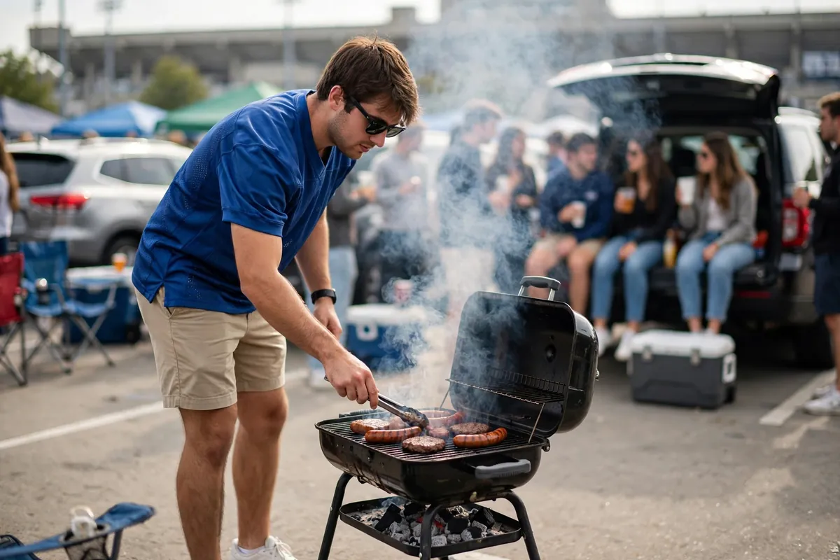 College guy in a football jersey and khaki shorts grilling at a tailgate