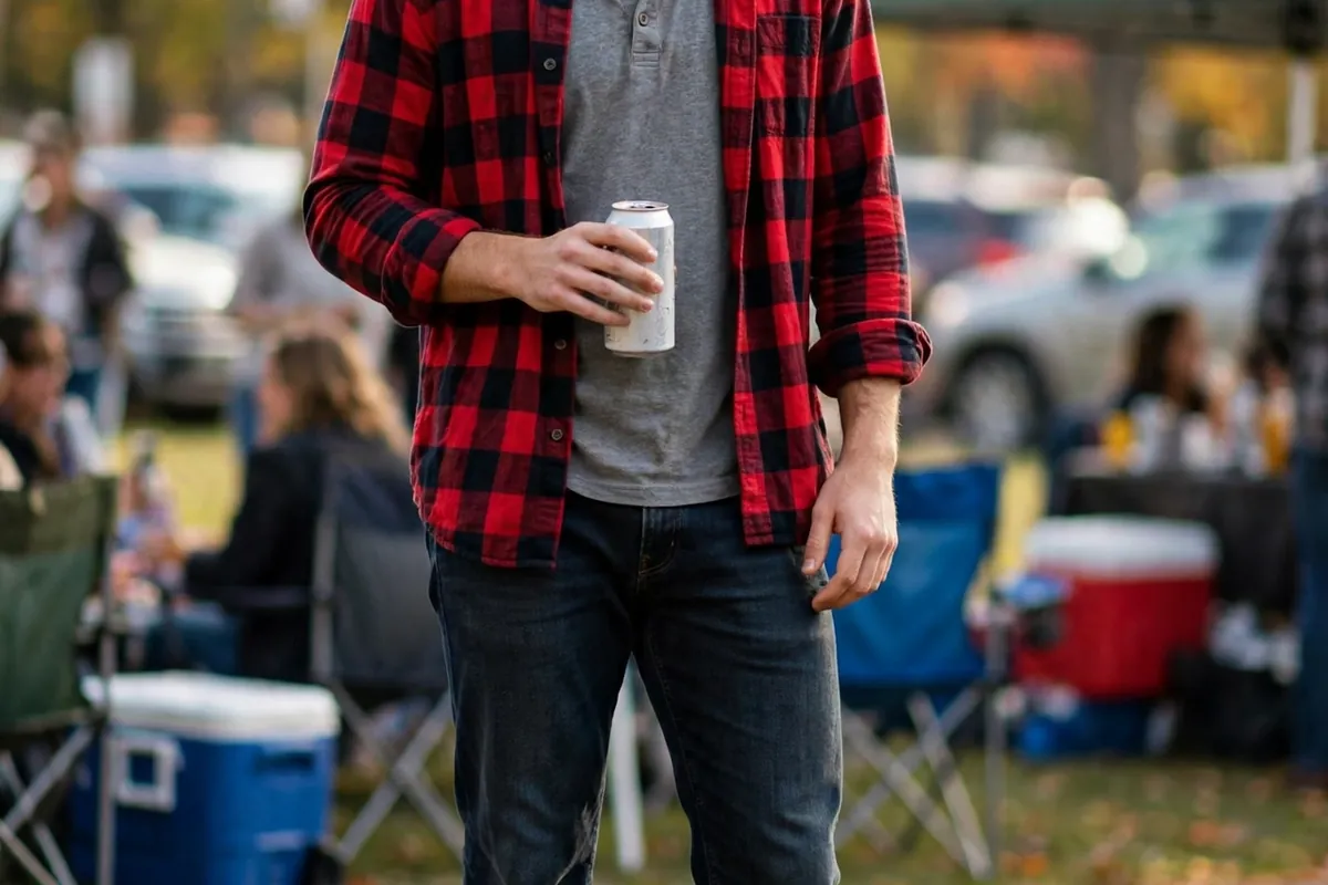 College guy in a plaid flannel, jeans, and team cap at a tailgate