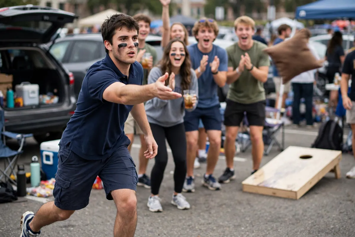 College guy in a navy polo and cargo shorts with eye-black stripes playing cornhole