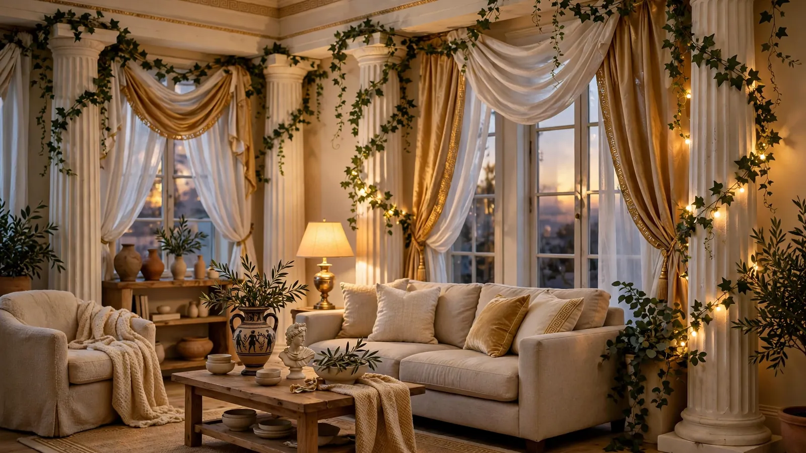 Living room decorated as a Greek temple for a toga party