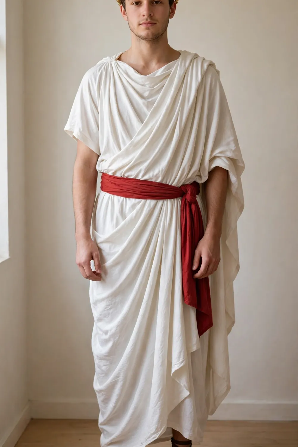 Guy in a Julius Caesar toga costume with laurel wreath