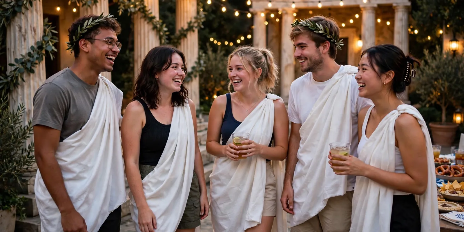 College friends in togas at a toga party with Greek decor