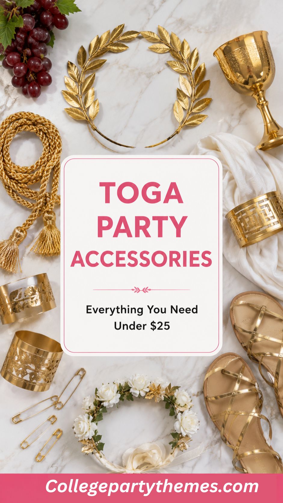 Toga party accessories flat lay gold laurel crown rope belt sandals arm cuffs safety pins grapes goblet