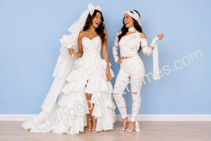 College girl wearing toilet paper bridal gown ruffles bows veil anything but clothes ABC party