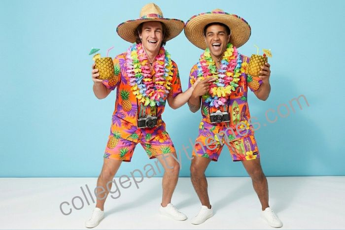 College guy wearing over the top tourist Hawaiian shirt stacked leis straw hat camera pineapple drink luau party