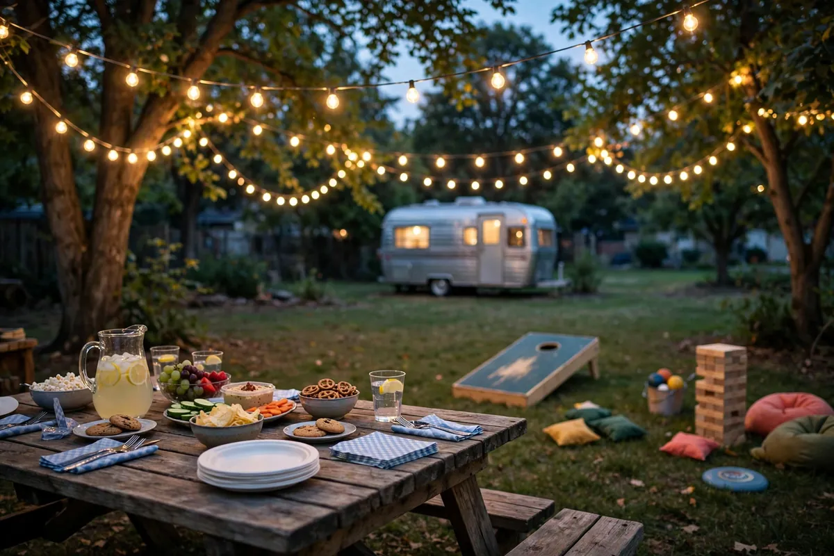 Backyard party decorated for a trailer park party theme with string lights and a bonfire