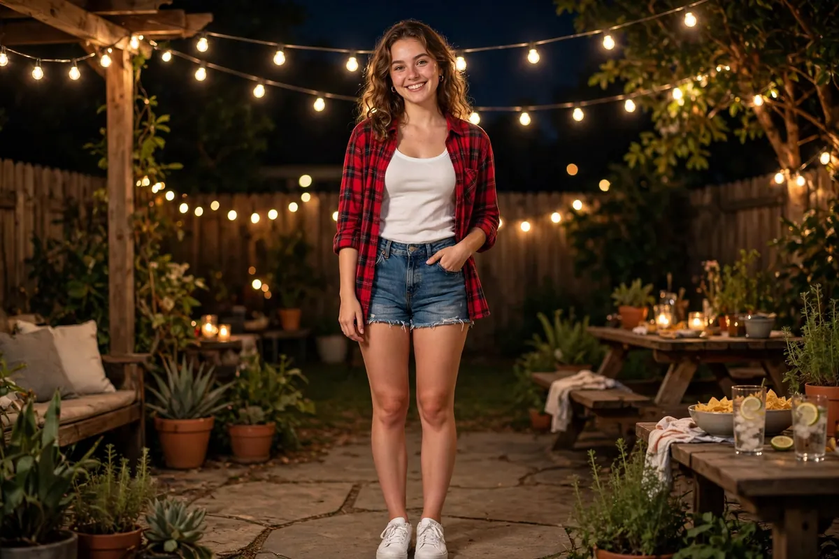 Girl in a trailer park party outfit with oversized flannel shirt and denim cut-off shorts