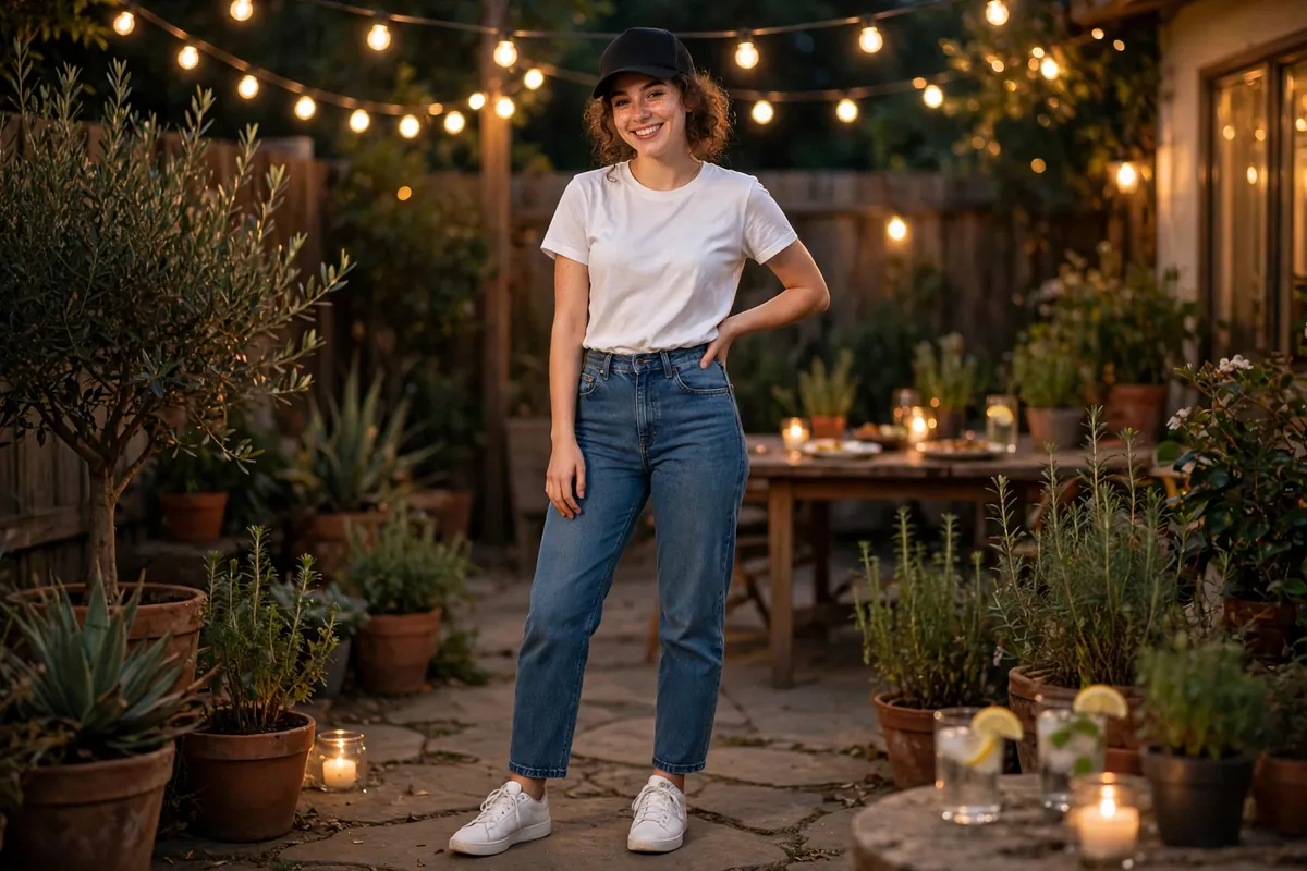 Girl in a trailer park party look with crop top, cargo shorts and a trucker cap