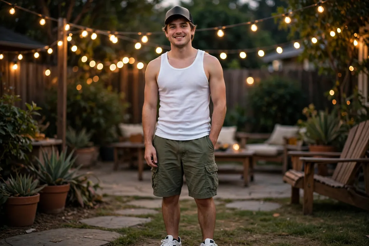 Guy wearing an open flannel shirt over a plain tee with ripped jeans for a trailer park party