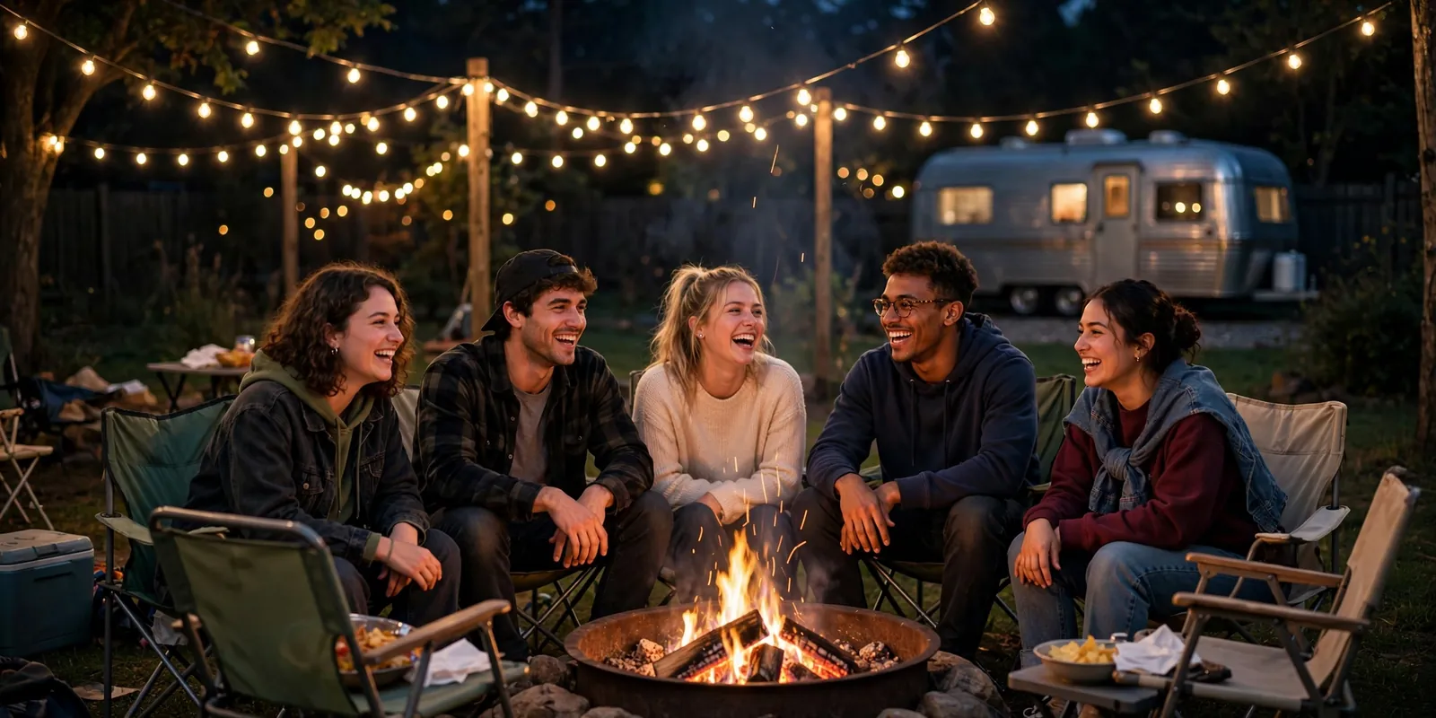 Friends at a trailer park party at night wearing flannel, denim and trucker caps around a bonfire