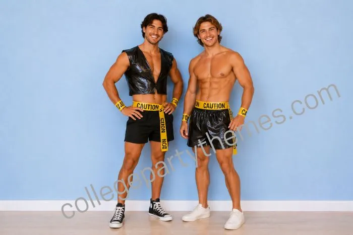 College guys wearing black trash bag cut into vest and shorts caution tape belt anything but clothes ABC party