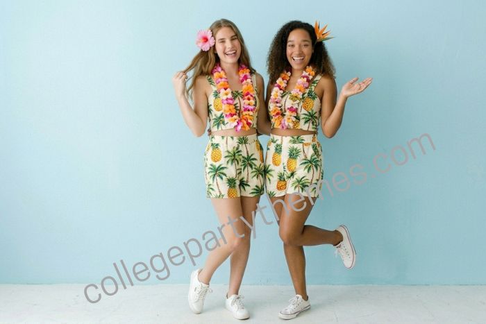 College girl wearing matching tropical print crop top shorts set pineapple pattern flower lei luau party