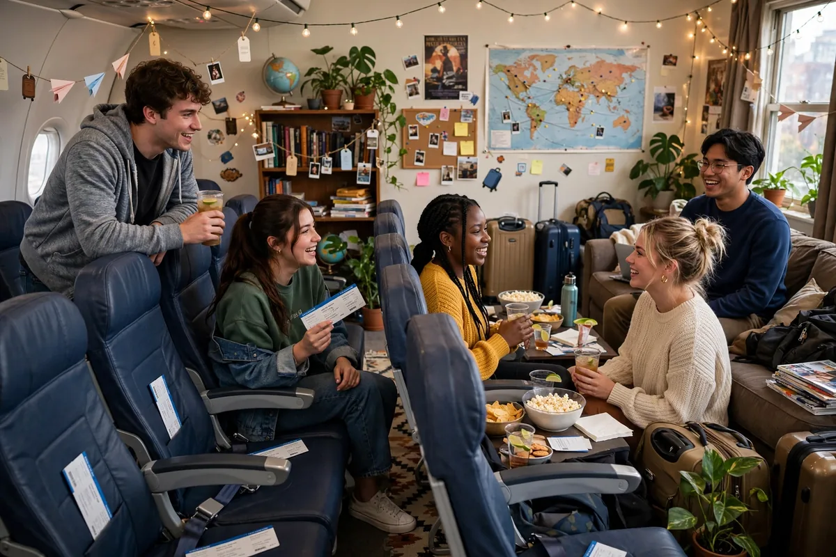 Party living room decorated for an Airplane Passengers theme with boarding gate signs, rows of chairs like an airplane cabin and paper cloud backdrop
