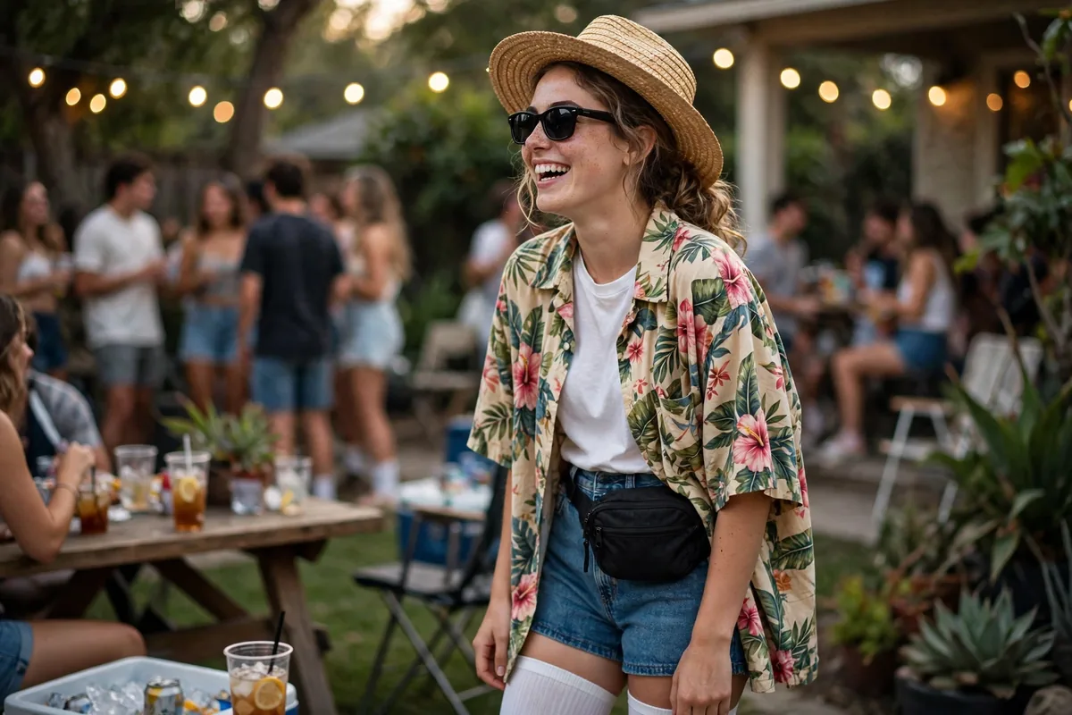 Young woman in a Tacky Tourist costume: oversized floral Hawaiian shirt, denim shorts, white socks, straw sun hat and fanny pack