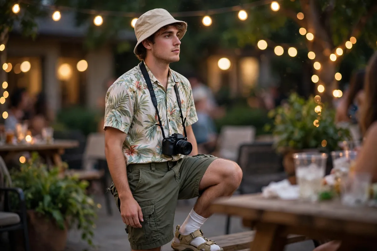Young man in a Tacky Tourist costume: Hawaiian shirt tucked into cargo shorts, white socks with sandals, bucket hat and camera strap