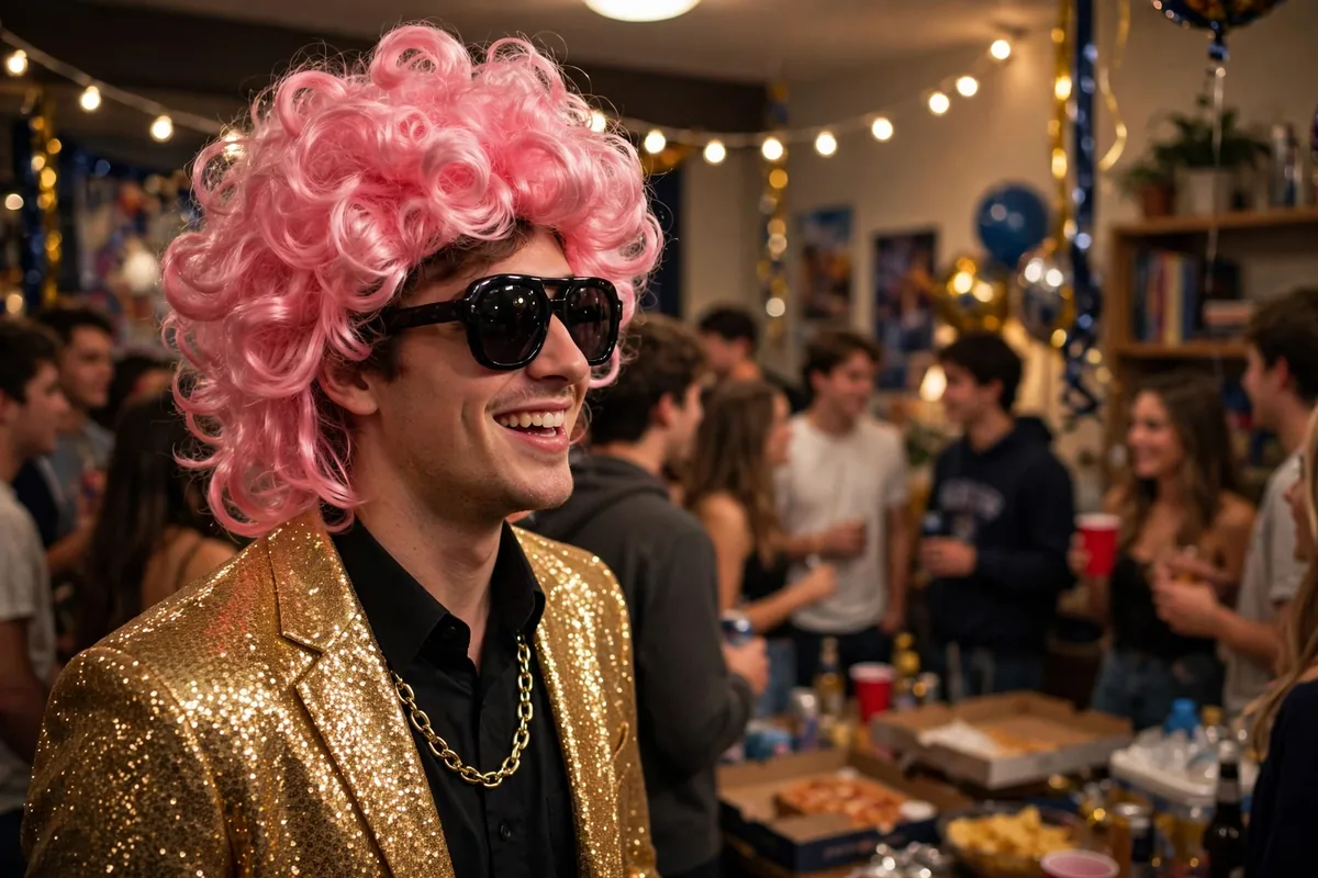 Young man dressed as a celebrity lookalike: sunglasses, gold chain and styled hair with a funny NOT-celebrity name tag