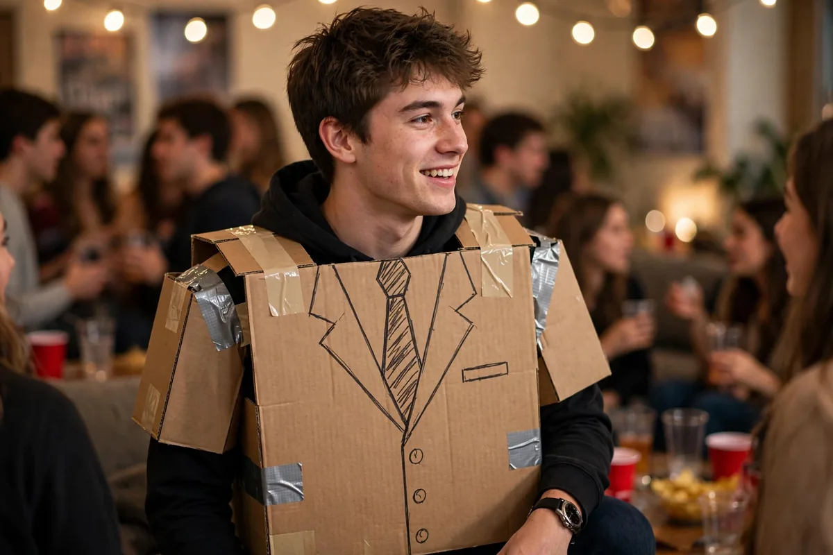 Young man wearing a Cardboard Couture outfit: decorated cardboard box tunic with marker-drawn suit details and tape straps
