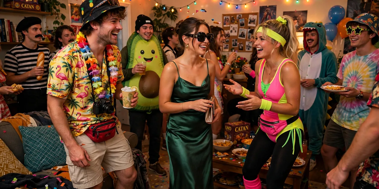 Crowded college house party with guests in quirky costumes — Hawaiian shirts, neon aerobics outfits and cardboard costumes — dancing under warm string lights