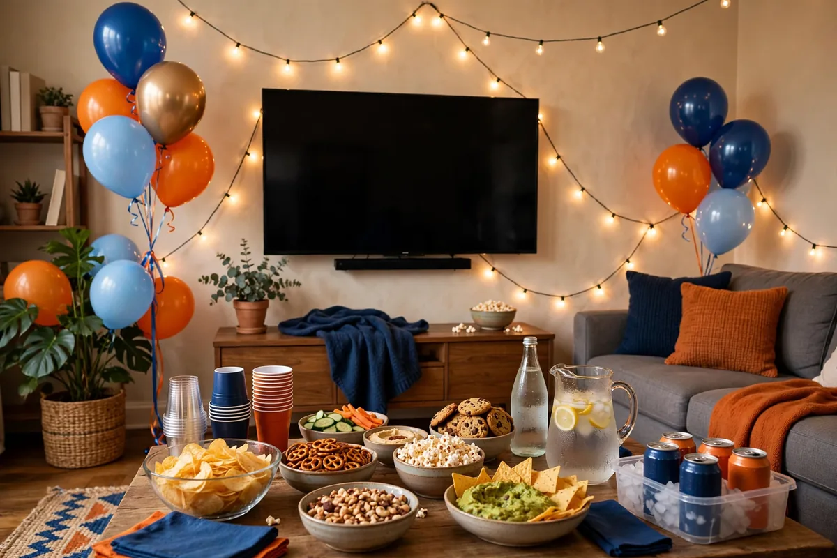 Living room set up as a watch party with team banners, LED lights and a concession snack table