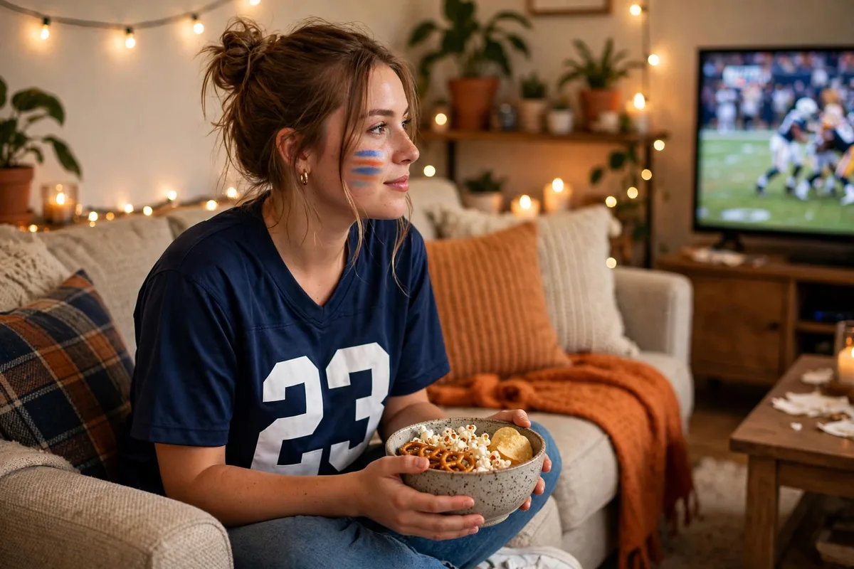Girl in a team jersey with face paint at a sports watch party