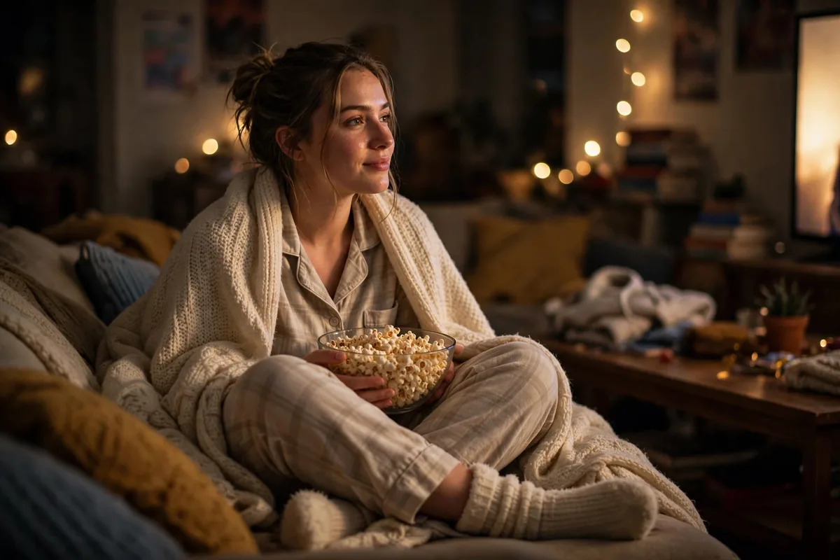 Girl in a cozy matching sweatsuit with a blanket for a TV finale night