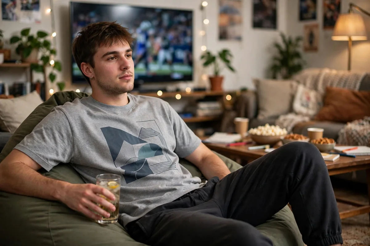 Guy in joggers and a graphic tee with slides for a casual watch night