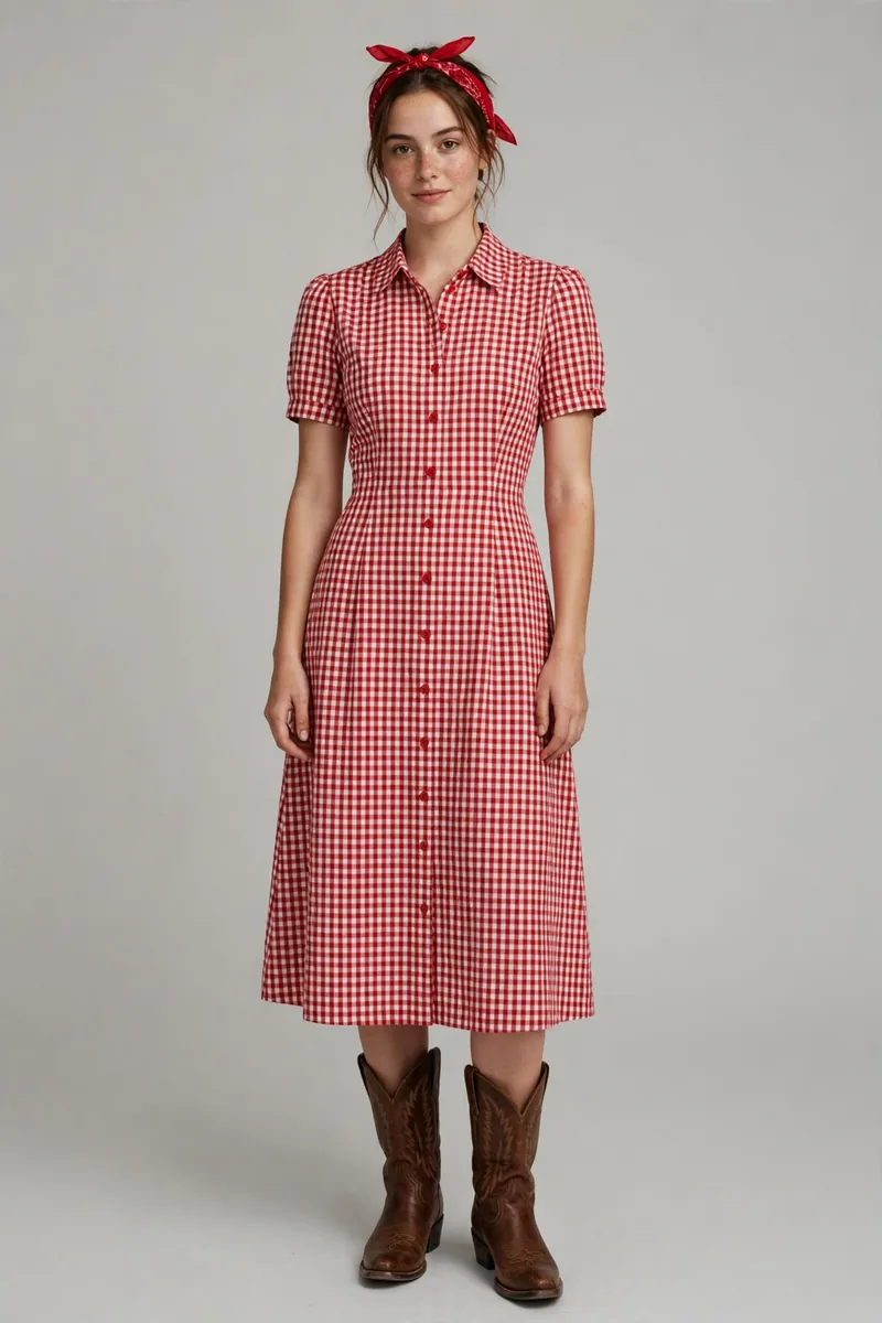Young woman in The Rodeo Sweetheart outfit: red gingham crop top, bootcut jeans, red bandana, and ankle cowboy boots
