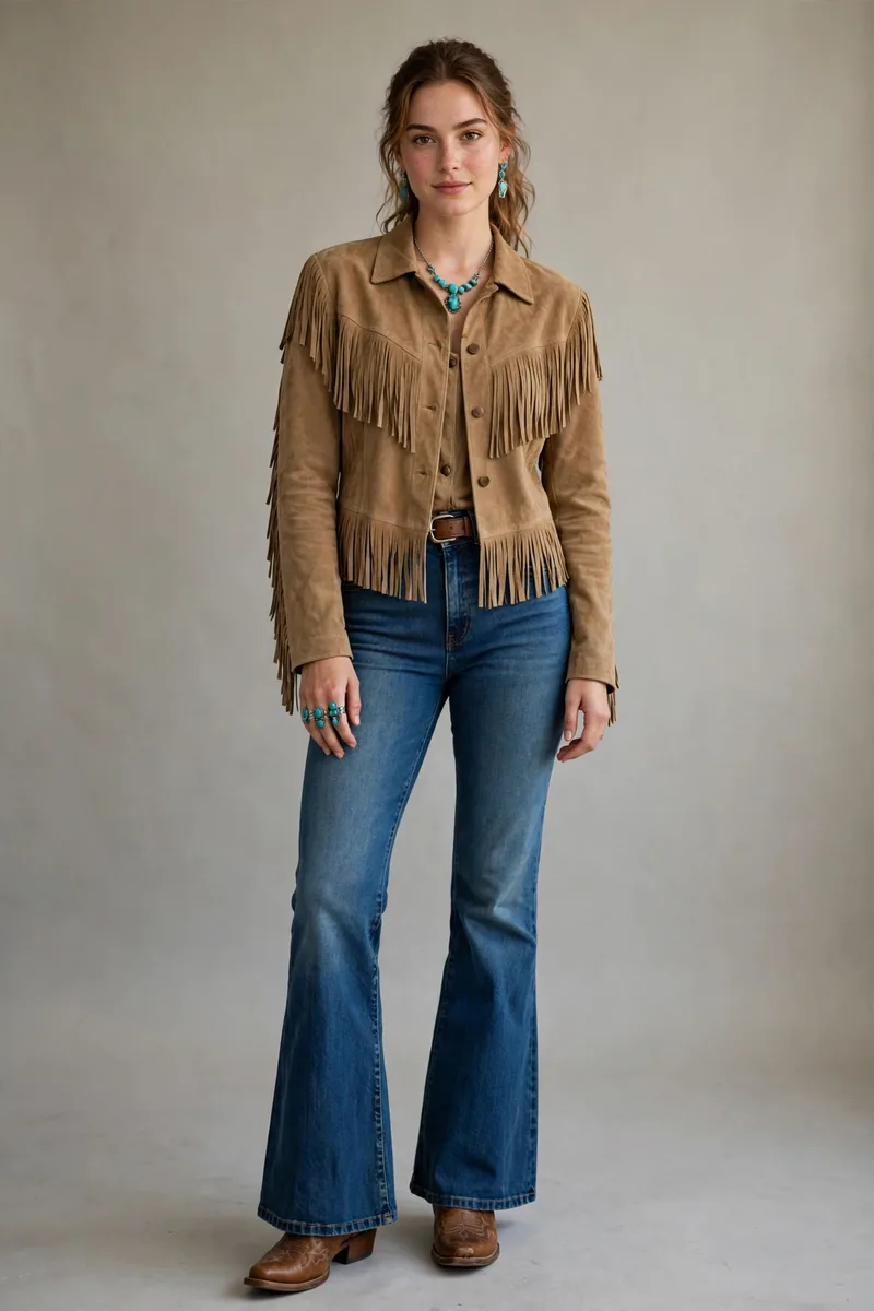 Young woman in The Fringe Top Look outfit: suede fringe jacket, black bodysuit, cowboy hat with beaded band