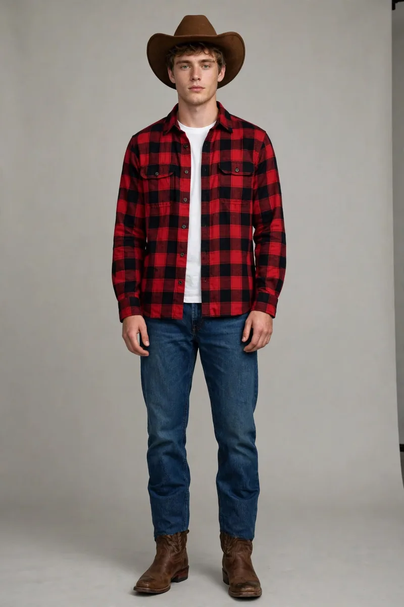 Young man in The Classic Cowboy outfit: plaid shirt, faded jeans, brown leather cowboy boots, and a felt cowboy hat
