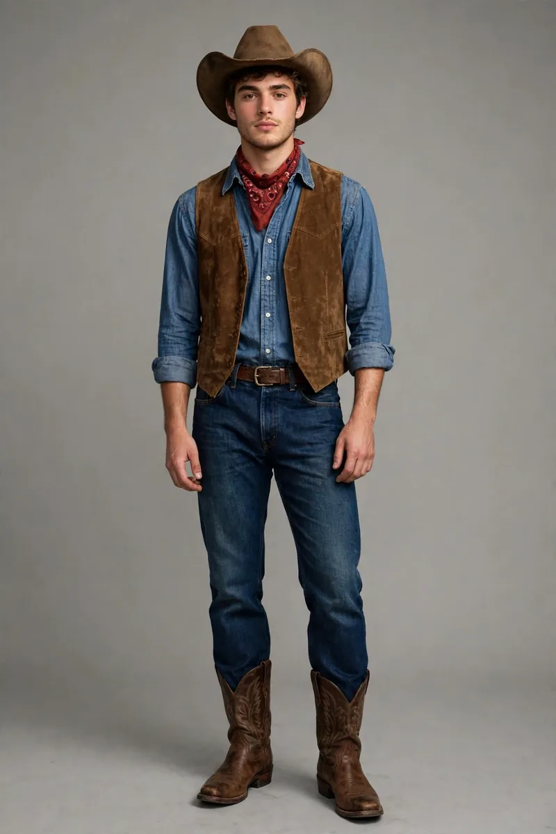 Young man in The Vintage Western outfit: thrifted pearl-snap western shirt, light-wash jeans, weathered boots, and a bandana