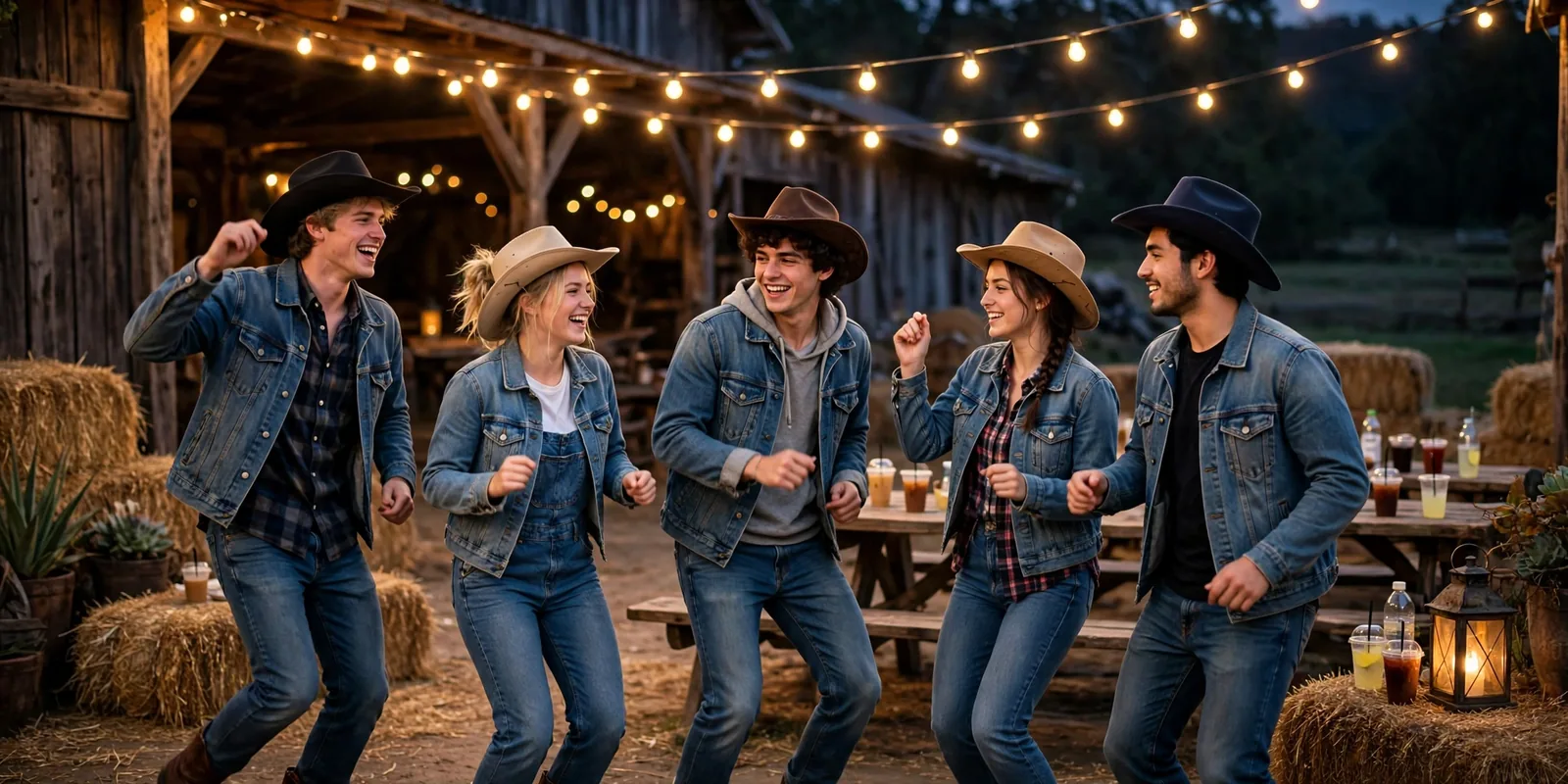 Group of college friends in cowboy hats and western outfits dancing at a backyard hoedown party at sunset