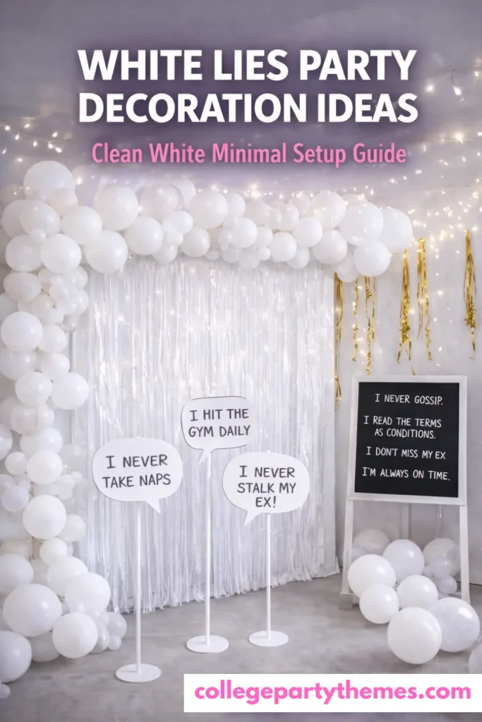 White lies party decoration ideas white balloons string lights fringe backdrop speech bubbles