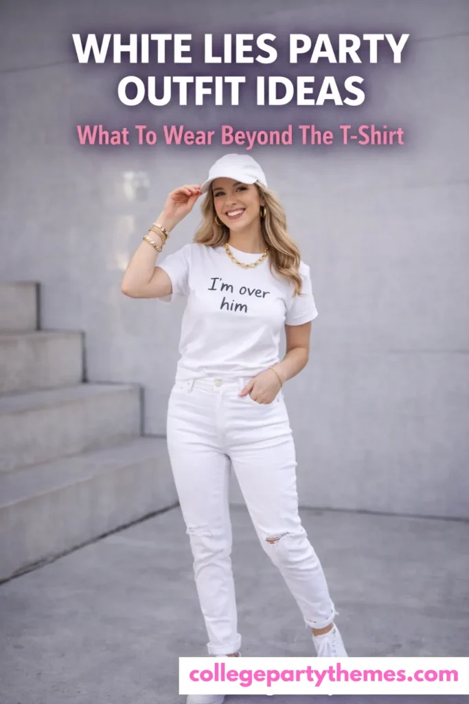 White lies party outfit ideas all white look white tee jeans sneakers gold jewelry